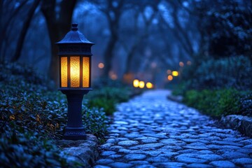 Aufkleber - A street light sits atop a cobblestone road, perfect for cityscape or urban landscape images