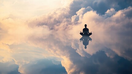 Poster - A person sits in a small boat suspended high above fluffy white clouds