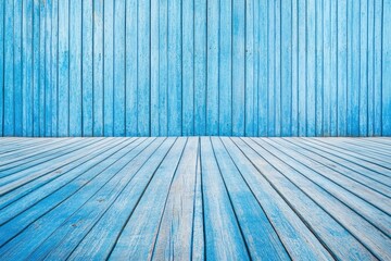 Poster - A wooden floor with a blue wall in the background, suitable for use in interior design or architecture projects