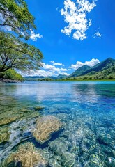 a vibrant blue nature background with the sky reflecting on clear water, enhancing the natural beaut