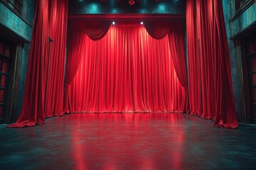 Poster - A stage with red curtains and lights, ideal for theatrical or performance-themed images