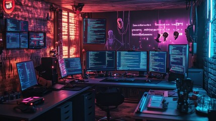 Poster - Neon-lit Hacker's Workstation: A Cyberpunk-Inspired Tech Sanctuary
