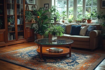 Leinwandbilder - A living room filled with comfortable furniture and lush greenery