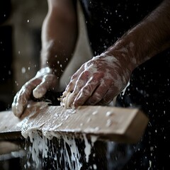 Closeup portrait of strong male hands shaving piece of wood with plane tool in carpenters workshop making furniture