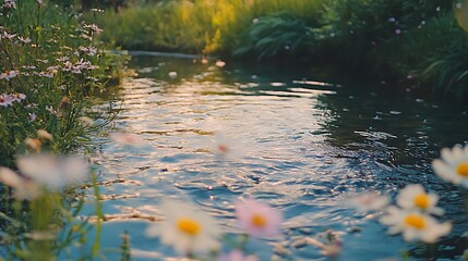 Wall Mural - Serene Streamside Flowers Bloom Gently Beside Rippling Water