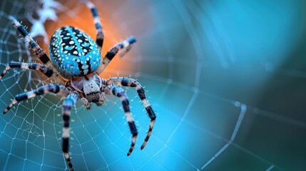 Vibrant blue spider with intricate patterns on its web, detailed close-up view.