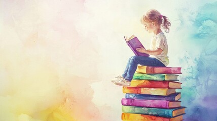 Child Reading on Stack of Colorful Books