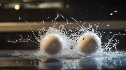 Poster - Water splashes as white balls collide in a dynamic display of movement and energy