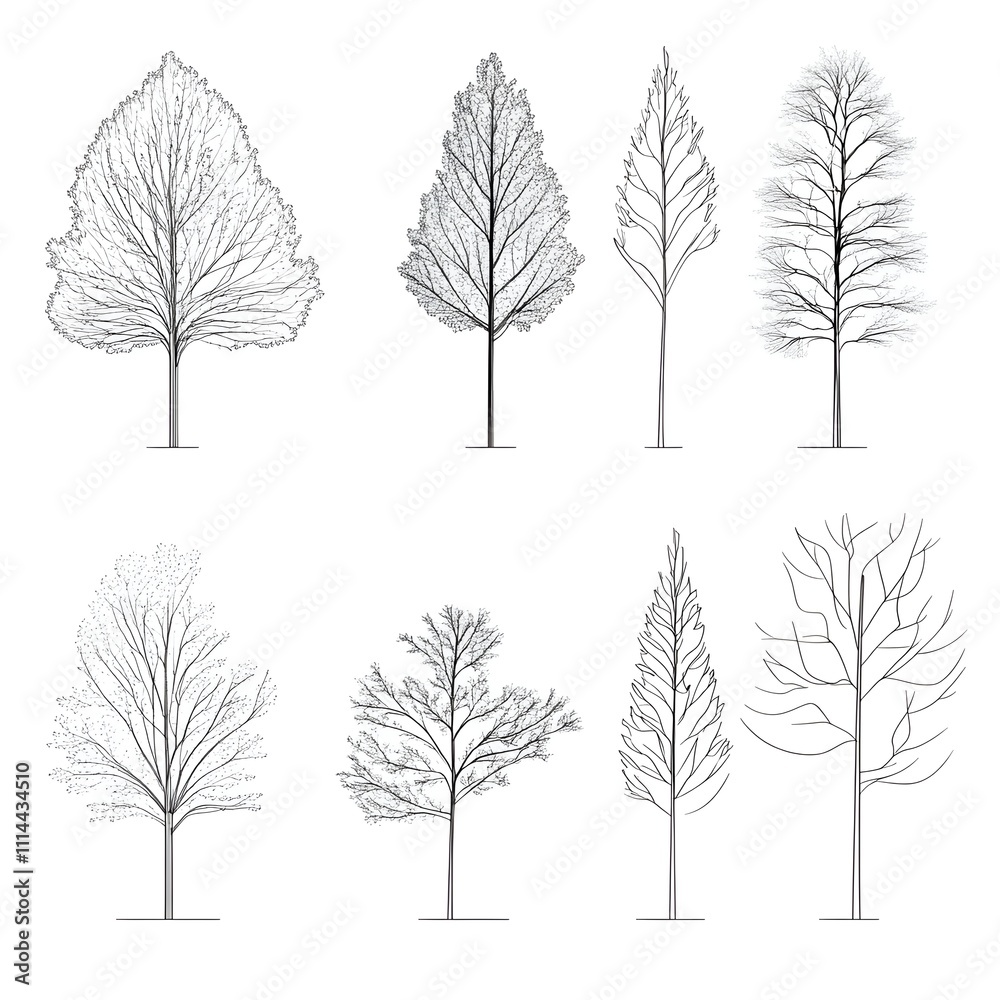 Tree Layout Lines Minimal style CAD tree line drawing, side view, a set of graphic tree ...