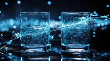 Poster - Water glasses connected by glowing energy strands at a futuristic event showcasing scientific innovation