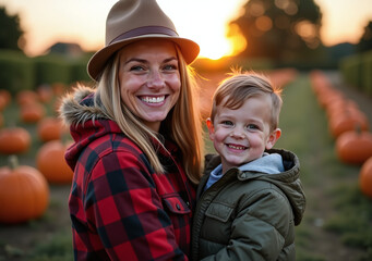 happy woman visits pumpkin patch halloween evening