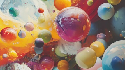 Poster - Colorful abstract spheres floating in a vibrant cosmic setting with dynamic swirls and splashes of paint