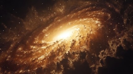 Poster - Dramatic spiral galaxy illuminated by bright core amidst swirling cosmic clouds in deep space