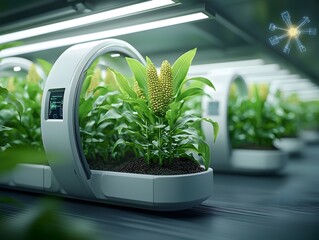 Poster - A technologically advanced smart farm showcasing thriving corn plants with verdant leaves  embedded sensors tracking soil moisture and nutrient levels  aerial thermal imaging mapping plant vigor