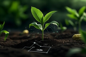 Poster - Lush corn seedling sprouting amidst detailed precision agriculture data visualizations digital art with technical schematics cinematic aesthetic smart farming field setting