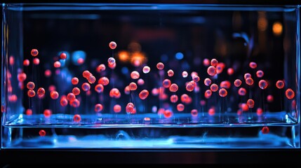 Poster - Colorful red spheres float in a liquid-filled glass aquarium exhibiting vibrant illumination in a dark space