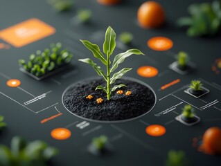 Poster - closeup of a thriving corn seedling surrounded by interactive data visualizations showcasing the ben