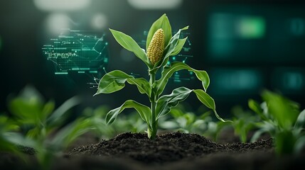 Poster - Lush verdant corn seedlings flourishing against a backdrop of data visualizations symbolizing the intersection of nature and technology in smart sustainable agriculture practices