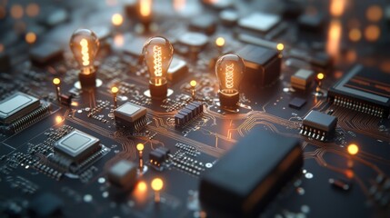 Poster - Close-up view of a circuit board with glowing lights and vintage bulbs in an electronic setting