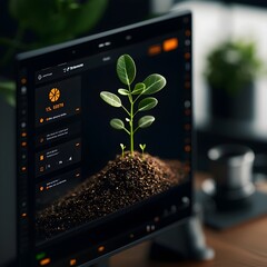 Poster - Vibrant corn seedling lifecycle artfully depicted with precision farming analytics satellite imagery and GPS tracking data overlaid on a sleek digital dashboard in an industrial chic studio setting