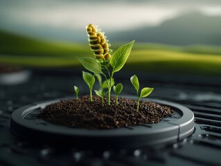 Poster - Innovative smart farming display visualizing the growth stages of corn seedlings emerging from nutrient dense earth