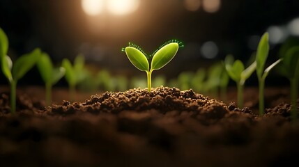 Poster - Lush green corn seedling sprouts bursting forth from rich soil with precision sensors monitoring growth and smart farming data visualization