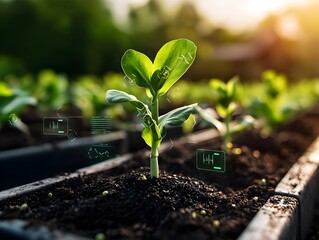 Poster - Futuristic precision farming showcasing sustainable agricultural technology and data analytics with sensors probes