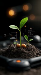 Poster - Verdant corn seedling breaking through soil with smart farming instrumentation and data analytics overlays showcasing the of technology and nature in a minimalist impressionistic digital art style