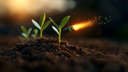 Poster - Lush green corn seedling bursting forth from nutrient rich soil with precision sensors and smart farming technology monitoring the plant s growth and development