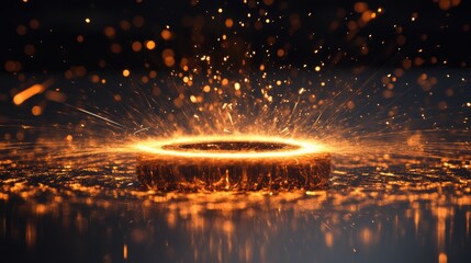 Poster - Dynamic display of golden sparks rising from a glowing circular formation in an abstract setting