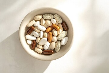 Wall Mural - Various vitamins and supplements are arranged in a bowl, representing a proactive approach to health and wellness, emphasizing the importance of dietary support for overall well-being