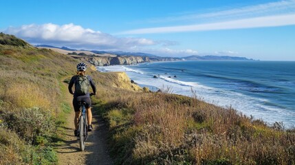 Aufkleber - A person rides a bicycle along a coastal trail, surrounded by lush grass and shrubs. The ocean waves crash against the rocks below, under a bright blue sky with fluffy clouds.