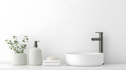 White vanity with ceramic sink and faucet in modern style white bathroom interior detail concept