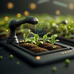 Poster - Futuristic automated greenhouse with sleek robotic arms tending to thriving corn seedlings cutting edge IoT sensors and holographic data visualizations charting growth metrics