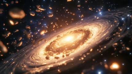 Poster - Spiral galaxy formation in a vast cosmic expanse with glowing stars and asteroids