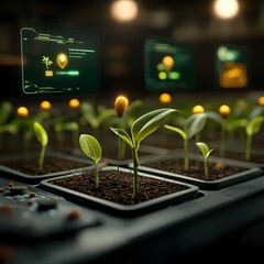 Poster - Vibrant corn seedlings in various growth phases interspersed with holographic displays detailing data driven agricultural innovations like soil sensors autonomous tractors