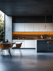 Wall Mural - Modern kitchen with white cabinets, grey wooden wall and concrete