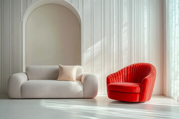 Wall Mural - living room and Red armchair and grey sofa  paneling wall with arch. Minimalist interior design