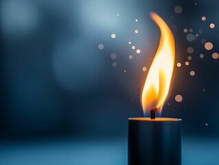 Wall Mural - A close-up of a flame flickering atop a candle, with a soft blue background and sparkling light effects.