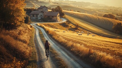 Poster - A cyclist rides along a winding dirt road surrounded by golden fields and rolling hills. The sun sets over the horizon, casting warm light on a quaint farmhouse nestled in the landscape.