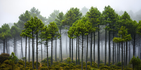 Wall Mural - Serene foggy forest with tall pine trees in early morning, creating tranquil atmosphere