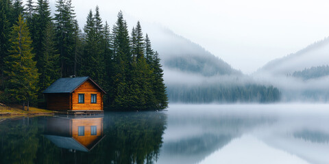 Wall Mural - serene mountain lake with small wooden cabin surrounded by fog and pine trees