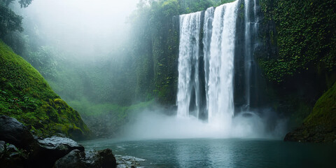 Wall Mural - serene, foggy waterfall cascading down rocky cliff into tranquil pool surrounded by lush greenery