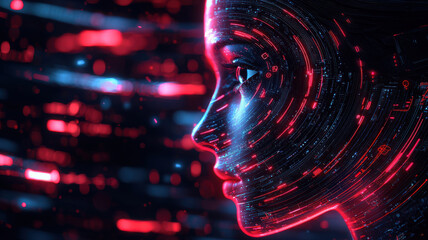 Poster - face scan hologram concept. Glowing digital interface with futuristic face scan and vibrant colors