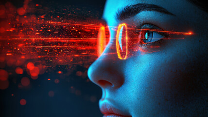 Poster - face scan hologram concept. Biometric face recognition with glowing hologram projection, showcasing technology