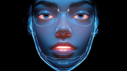 Poster - face scan hologram concept. Virtual biometric face authentication with holographic display