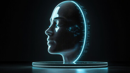 Poster - face scan hologram concept. holographic face sculpture with glowing lines and digital elements