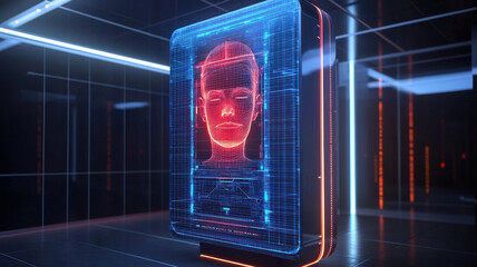 Poster - face scan hologram concept. Futuristic hologram face scan displayed in sleek digital environment