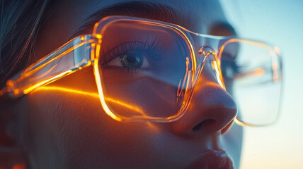 Poster - face scan hologram concept. close up of person wearing futuristic glasses with glowing edges, showcasing captivating gaze