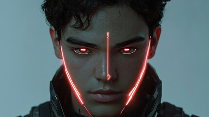 Poster - face scan hologram concept. Futuristic face scan with glowing features and holographic elements